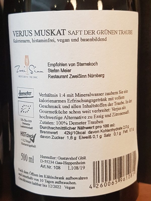 FRISCH EINGETROFFEN! Verjus Muskat, histaminfrei, Demeter - Weingut Gustavshof  - 0,5 l
